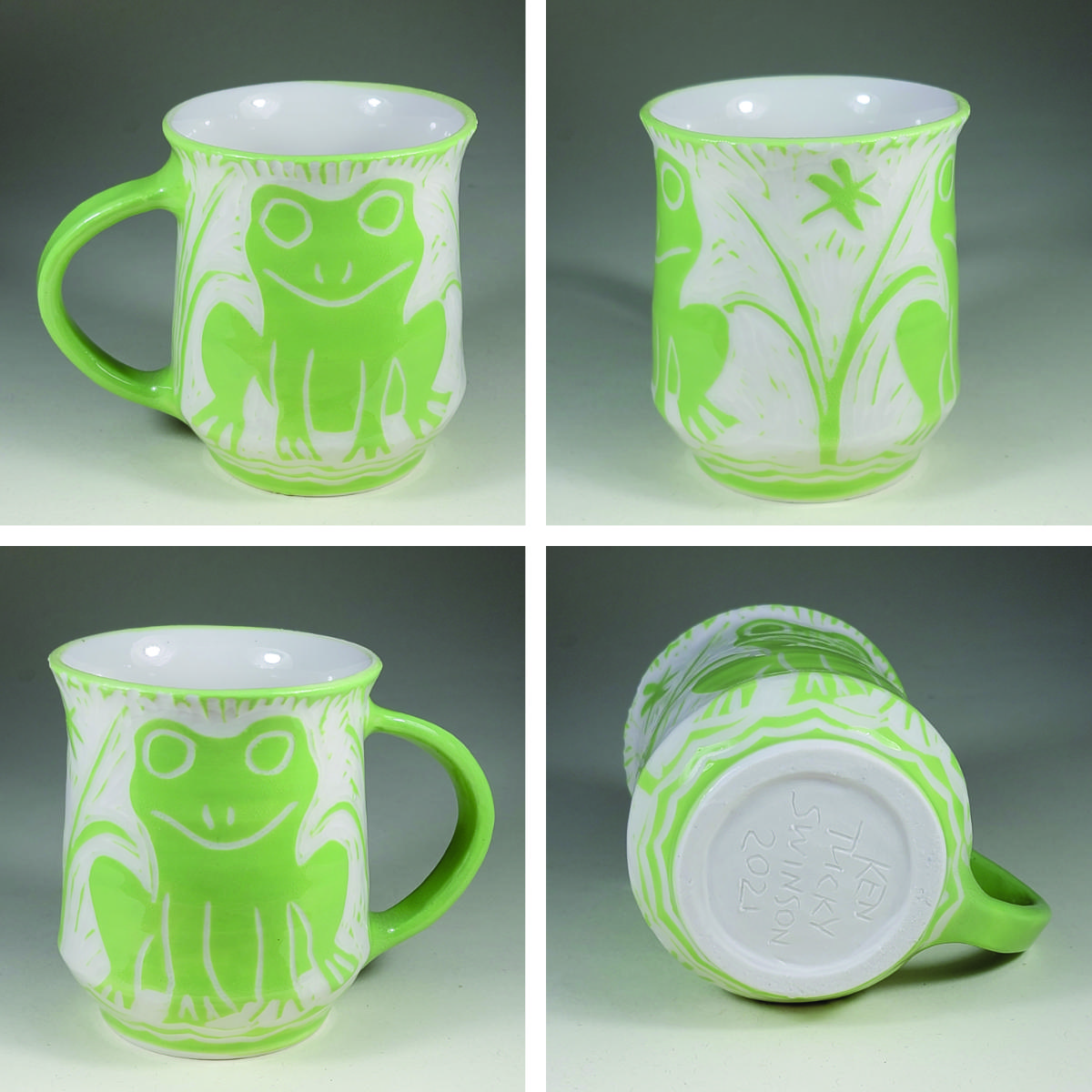 porcelain cup with green sgraffito frog design