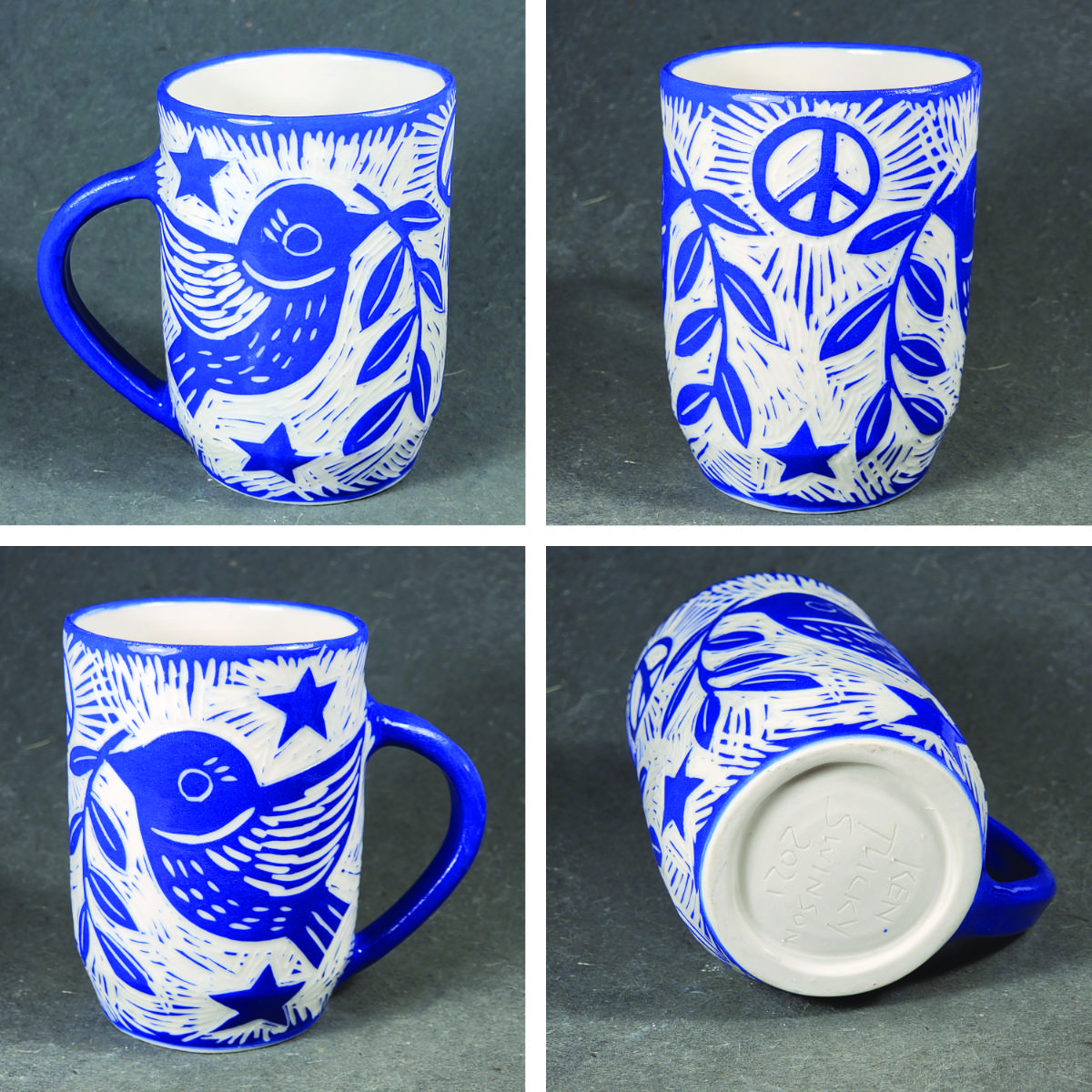 folk art style porcelain cup with birds and peace symbol