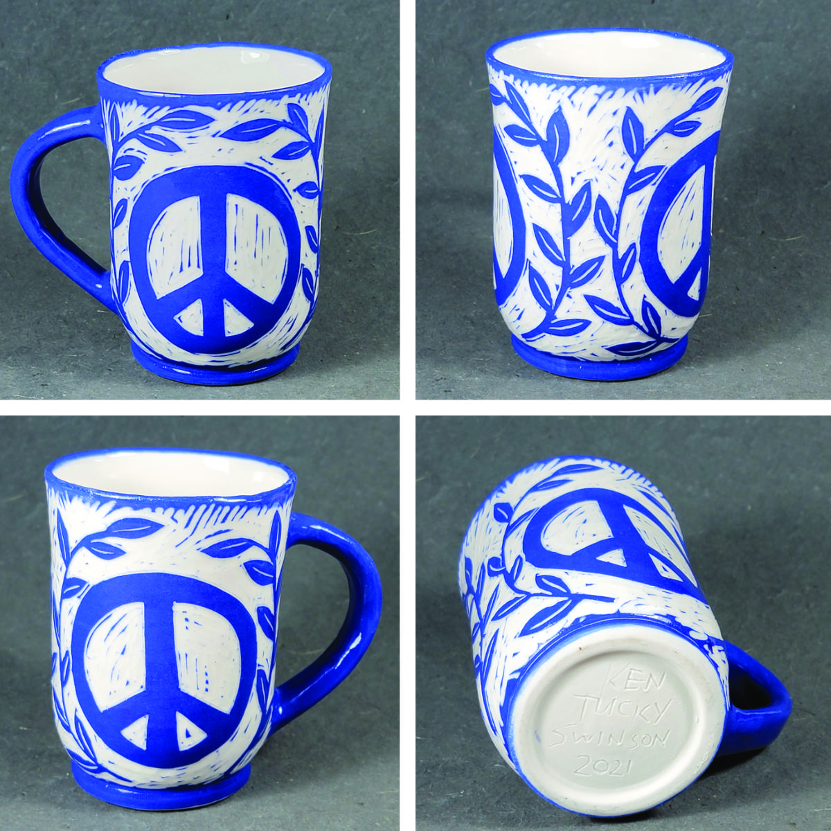 folk art style porcelain mug with peace symbol