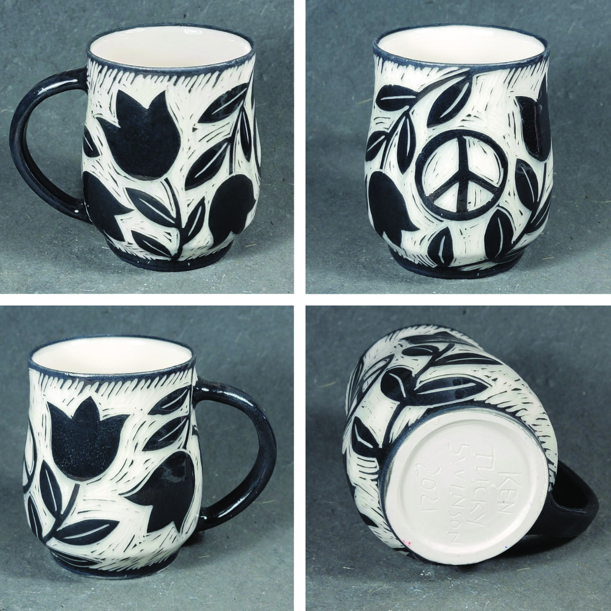 porcelain mug with tulips and a peace symbol