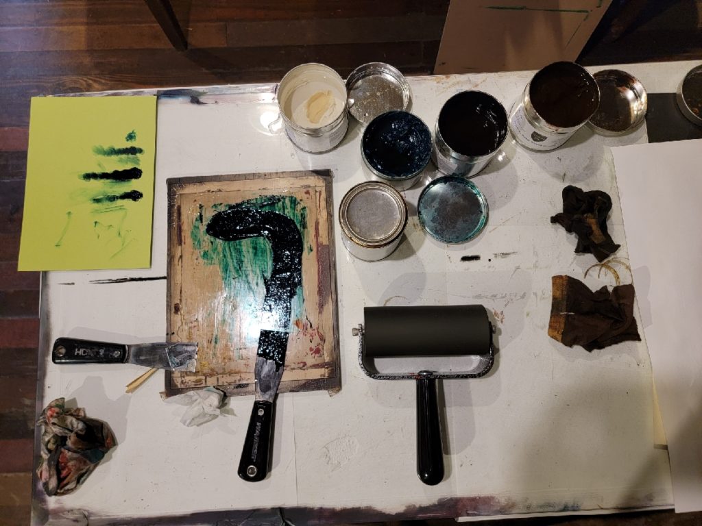 mixing green ink for woodcut print