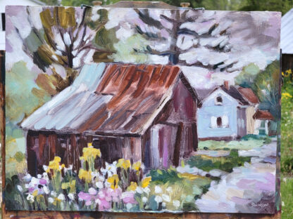 plein air painting of a barn surrounded by wildflowers in Old Washington, Kentucky