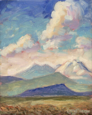 view of snow peaks from the great divide basin plein air painting by kentucky artist ken swinson