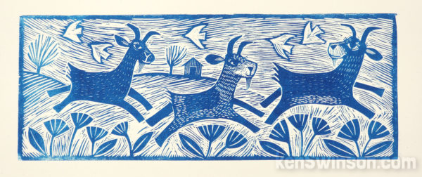 woodcut of 3 goats jumping around hills by kentucky artist ken swinson