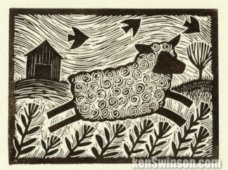 linocut notecard of sheep in farm scene by kentucky artist ken swinson