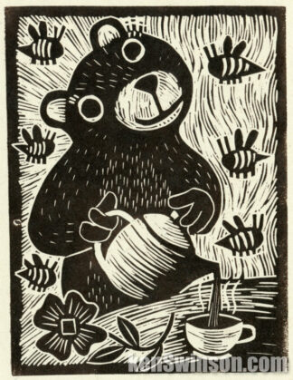 block print linocut of bear pouring a cup of tea - carved by kentucky artist ken swinson