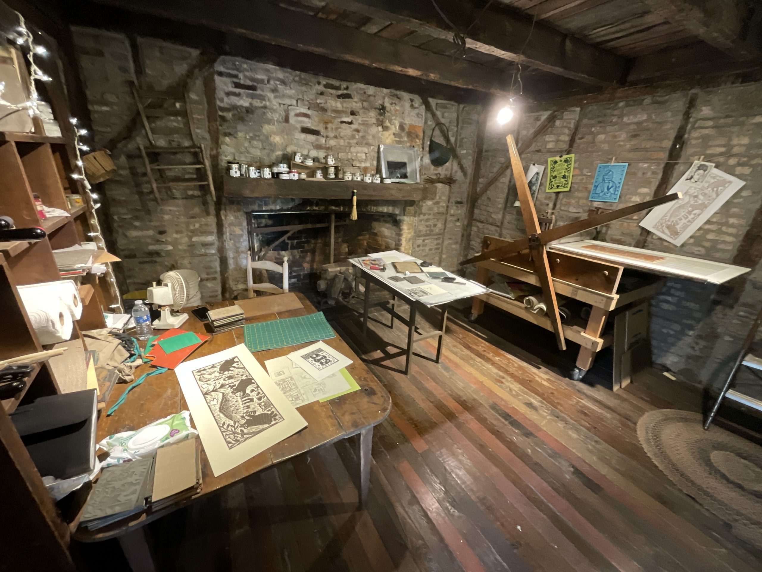 photo of Log Cabin Print Shop Interior- work space for printmaking