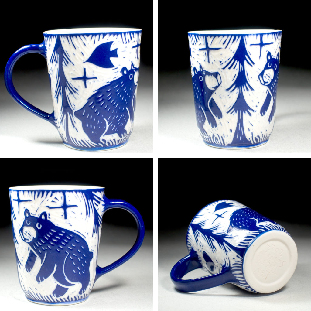 blue porcelain cup with bear design by Kentucky artist ken swinson