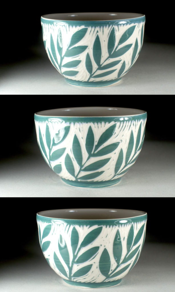 green porcelain bowl with leaf design by kentucky artist ken swinson