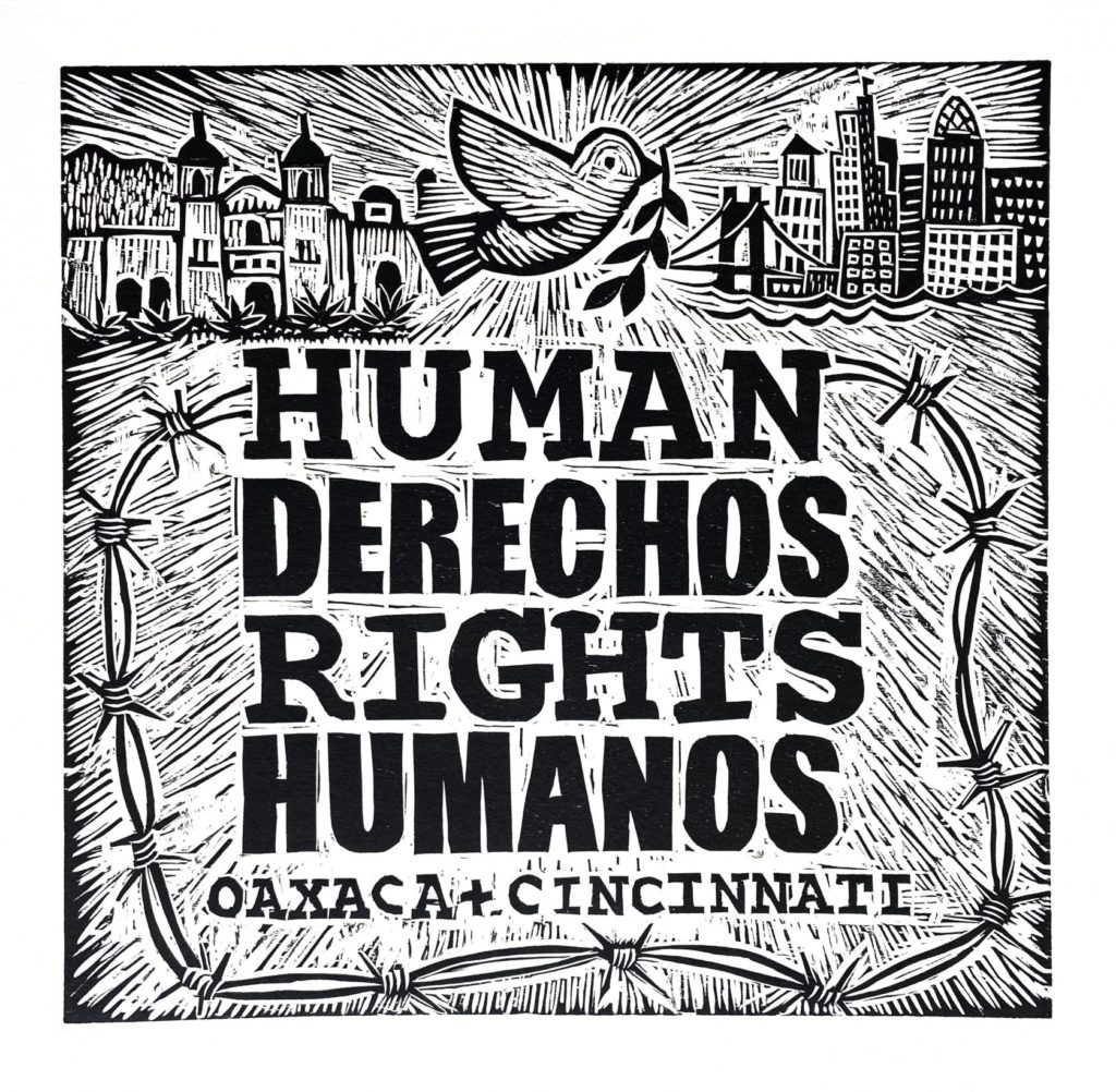 woodcut cover of SOS art human rights by artist ken swinson