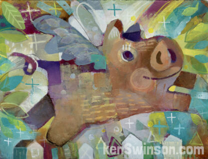 colorful mixed media painting of a pig flying over houses