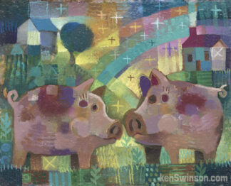 folk art painting of two pigs kissing with farm scene in the background--a colorful twilight sky