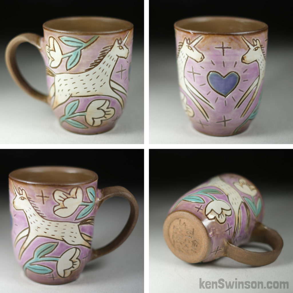 handmade stoneware cup with unicorn surface design