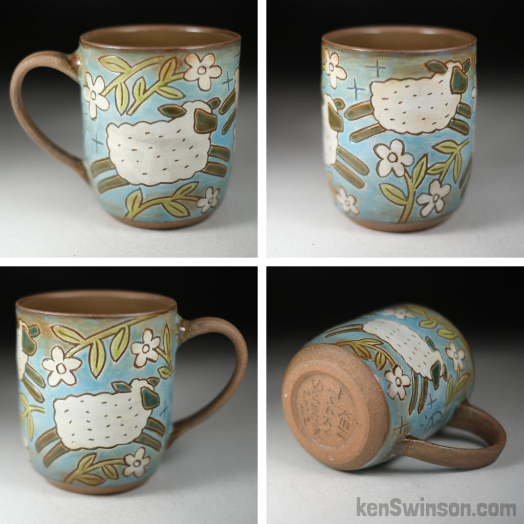 handmade stoneware cup with sheep surface design