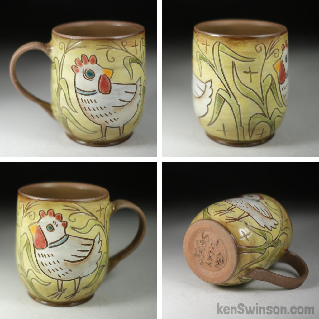 stoneware cup with chicken surface design