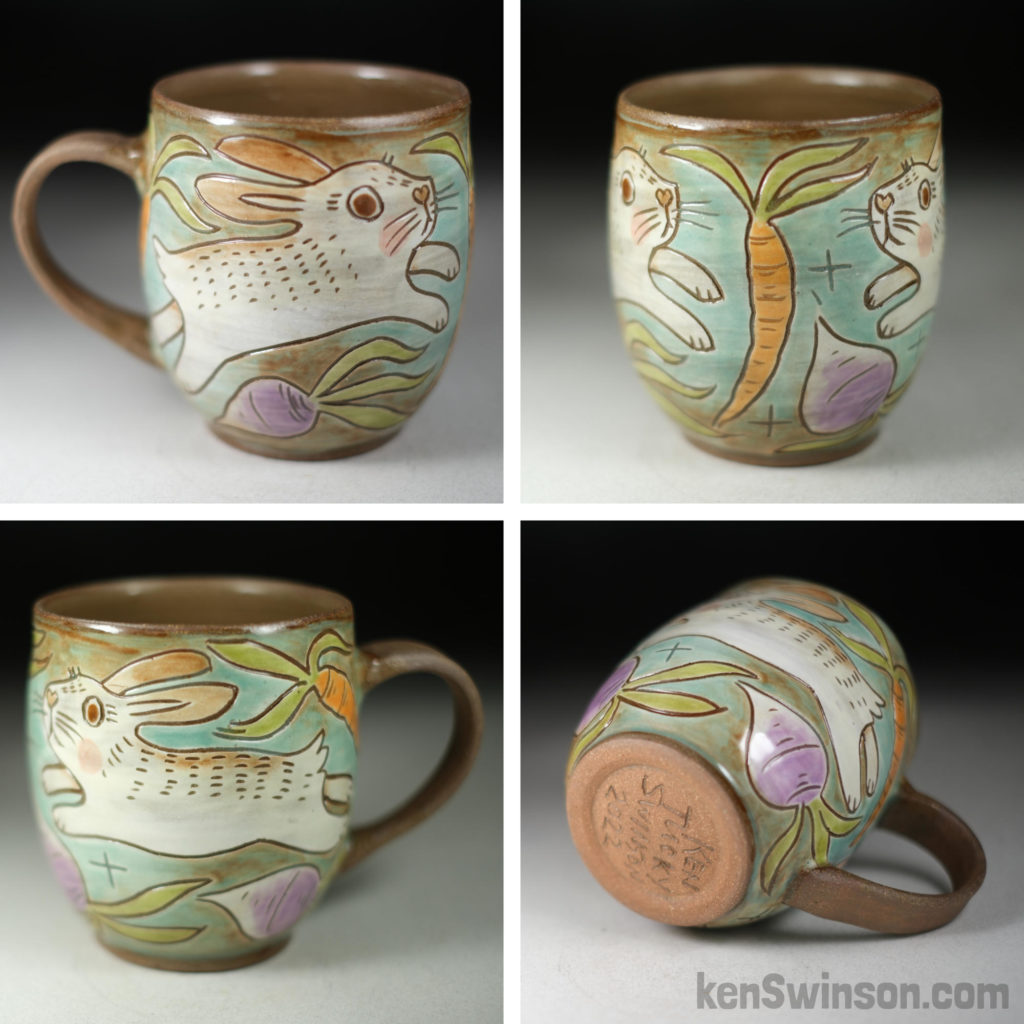 handmade stoneware cup with rabbit surface design