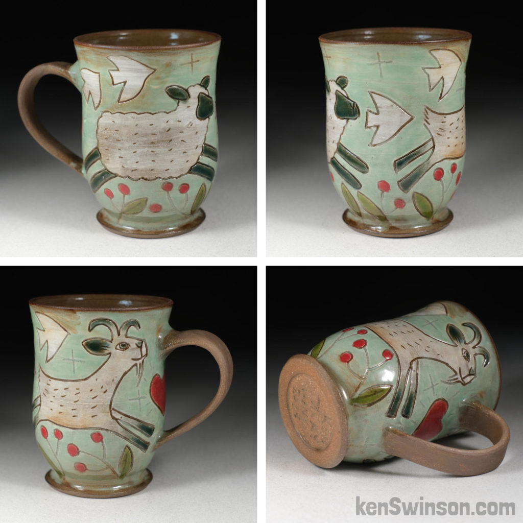 handmade stoneware cup with sheep and goat surface design