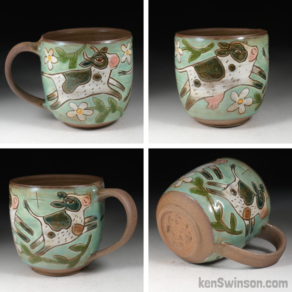 handmade stoneware cup with cow surface design