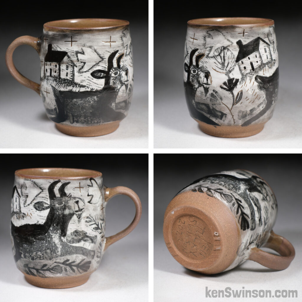 handmade cup with woodcut underglaze transfers of goat