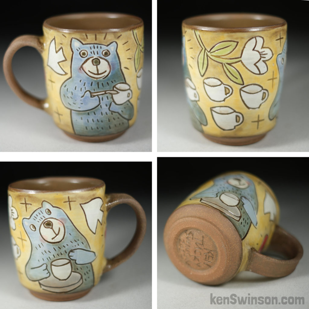 handmade stoneware cup with bears making pottery surface design