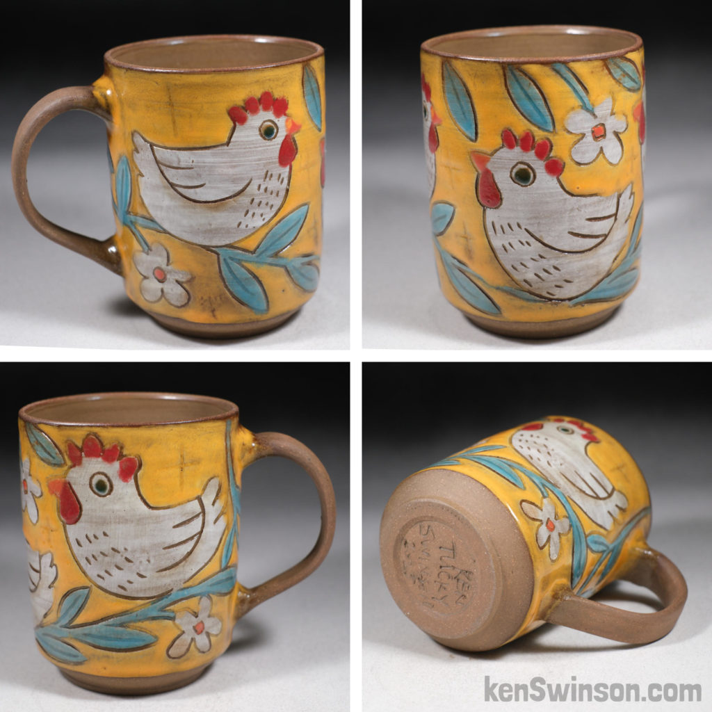 handmade stoneware cup depicting chickens with yellow background
