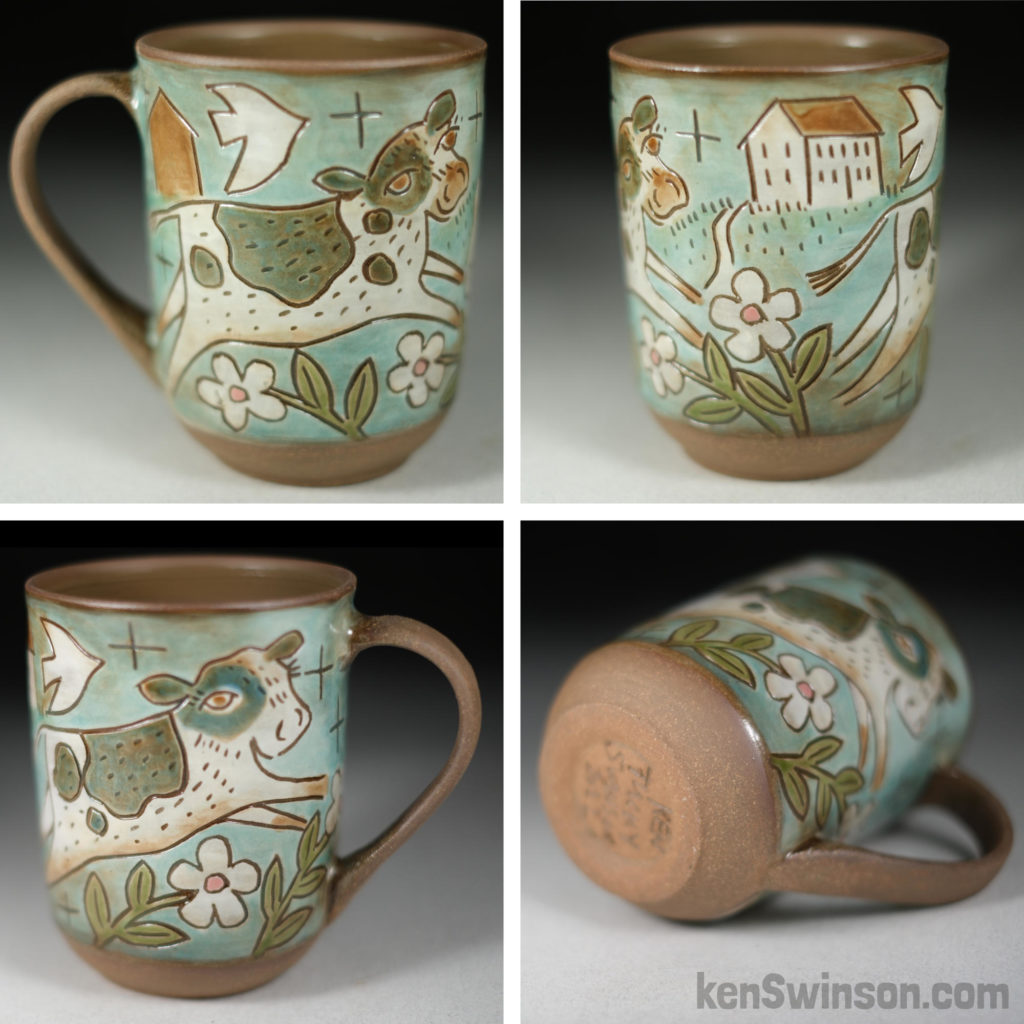 handmade stoneware cup with cow surface design