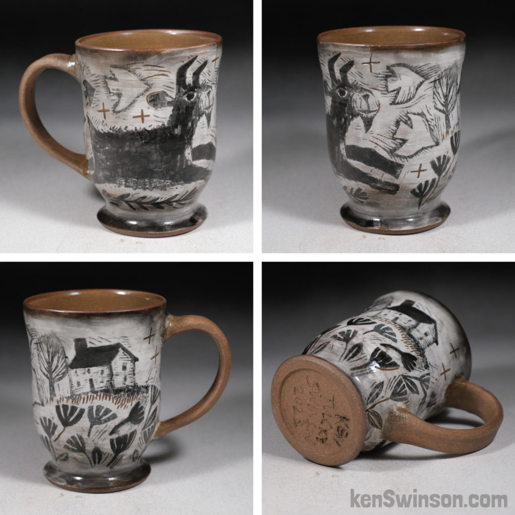 handmade stoneware cup with goat woodcut surface design