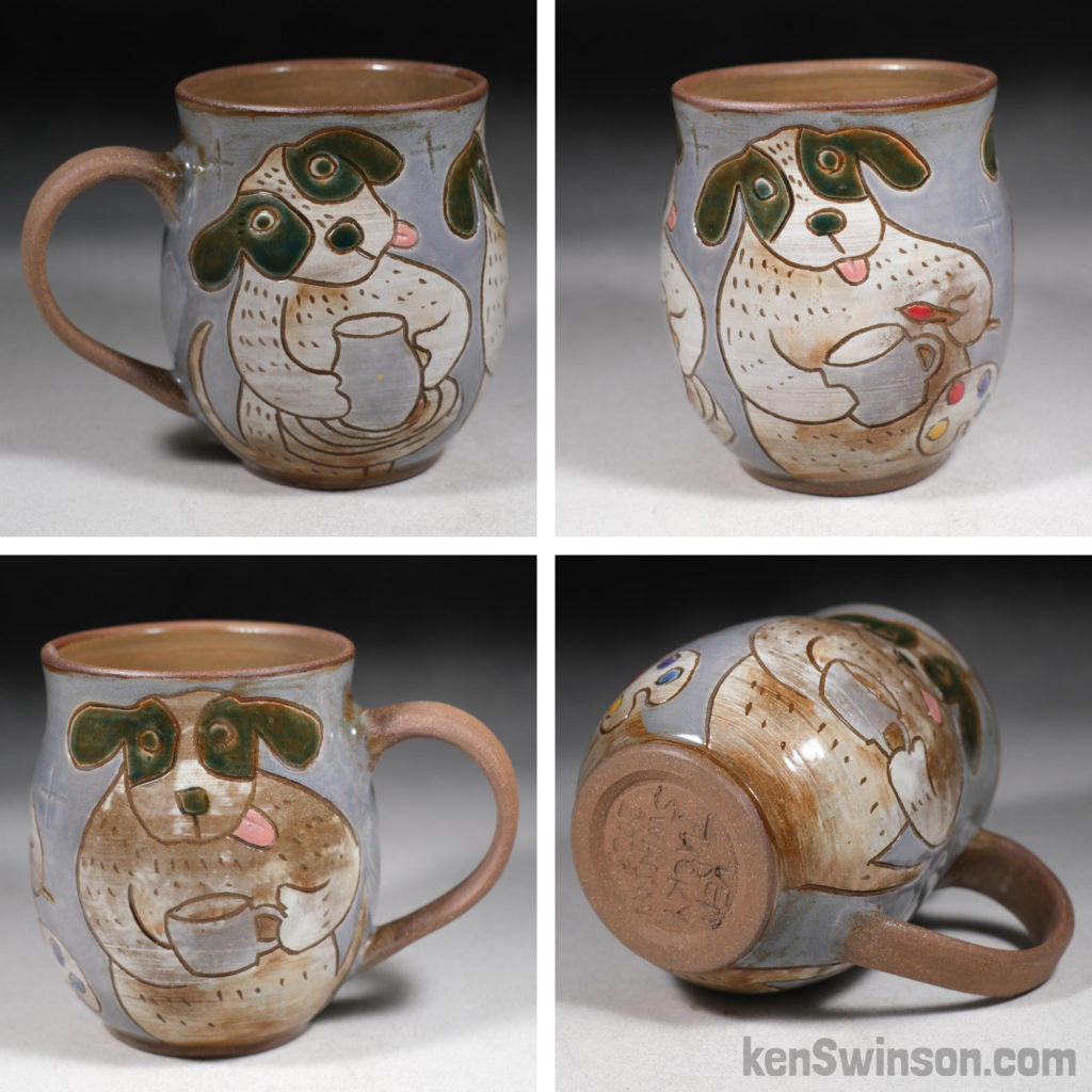 handmade stoneware cup with dog making pottery surface design