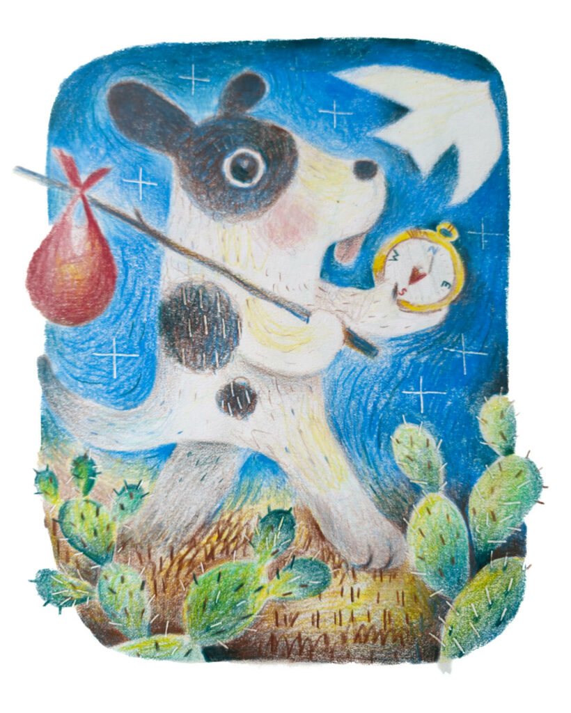 colored pencil drawing by artist drawing of black and white spotted dog carrying hobo sack and holding compass with needle pointing south. there are green cactus in the foreground