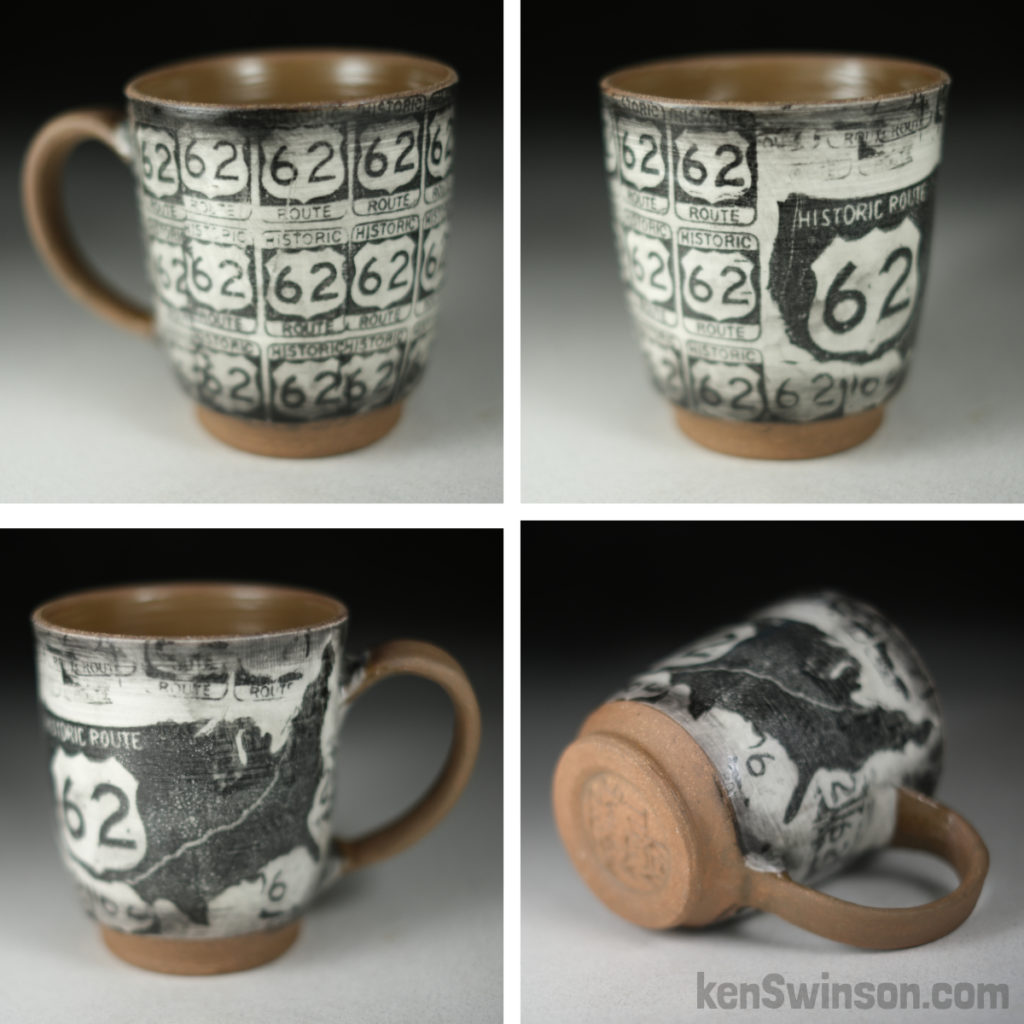 handmade stoneware cup with US 62 underglaze transfer surface design