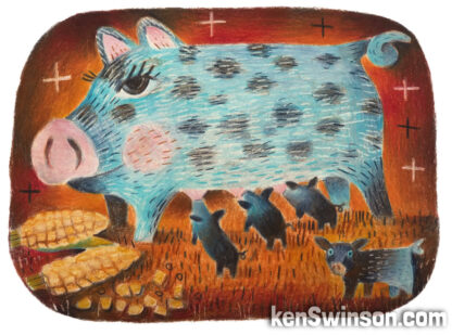 colored folk art style drawing by ken swinson. depicting a mama pig feeding her babies