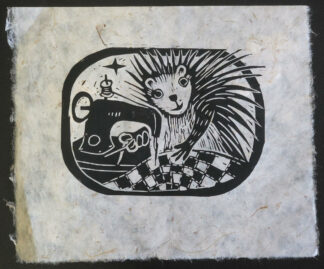 linocut depicting a porcupine sewing a quilt on a sewing machine