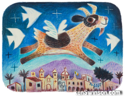 colored pencil drawing of a goat flying over a mexican town