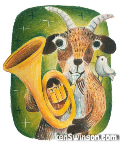 Colored Pencild drawing of a goat playing the tuba. a bird is sitting on the goat’s shoulder