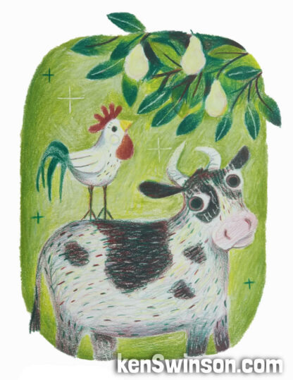 colored pencil drawing featuring a cow with rooster standing on its back. trying to reach pears in a tree