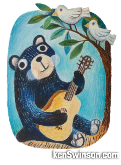a colored pencil drawing of a bear sitting under a tree, playing guitar to birds.