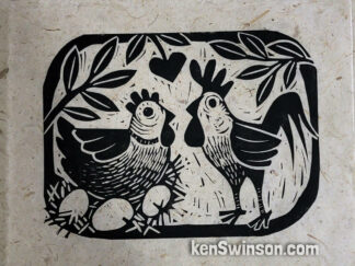black and white linocut depicting a hen sitting on a nest being kissed by a rooster