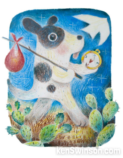 colored pencil drawing of a dog with a hobo sack. the dog is holding a compass that points south. There are cactus in the foreground