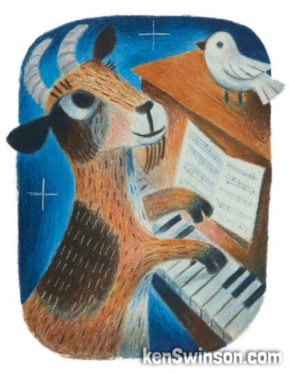 Colored Pencil Drawing of a goat playing piano to a white bird sitting on the piano.