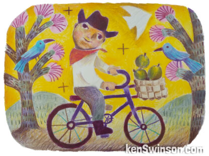 colored pencil drawing on a man on a bike with green fruit in the bike’s basket. There are flowering trees in the background. The man is wearing a cowboy hat.