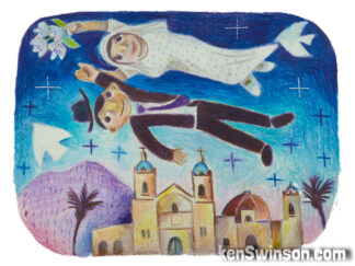 folk art style colored pencil drawing of a bride and groom floating over a mexican church