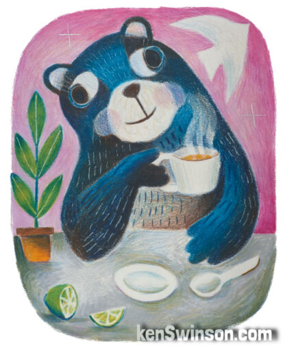 colored pencil drawing of a bear drinking a cup of tea