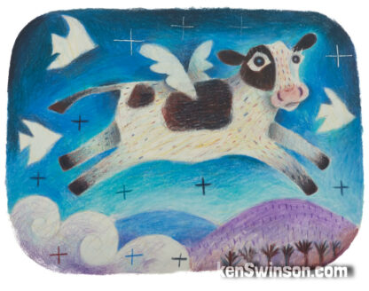 colored pencil drawing of a black and white cow with wings, flying over mountains