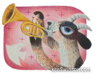 Colored Pencil Drawing of a goat playing a trumpet