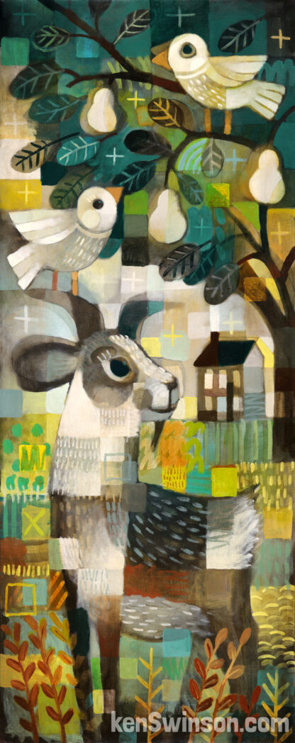 abstract folk art style painting of a goat standing under a pear tree. A bird is standing on the goat's horn talking to another bird standing in the tree.