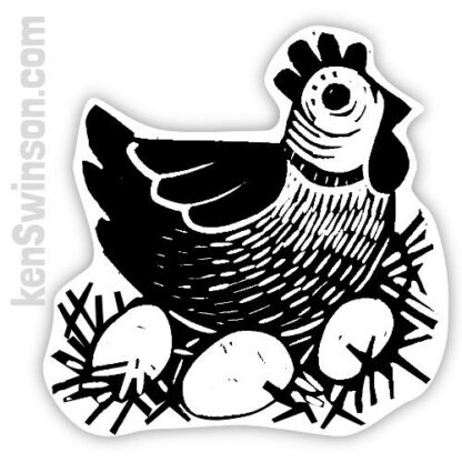 black and white vinyl sticker of chicken sitting on eggs
