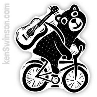 Vinyl sticker of a bear riding a bicycle carrying a guitar on his back
