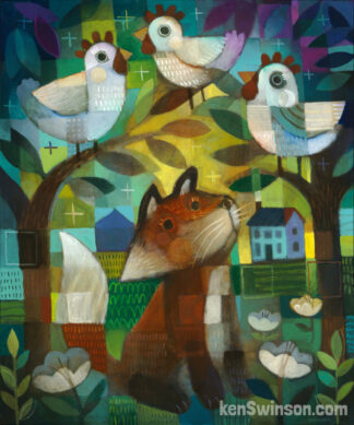 an abstract, folk art style painting of a fox looking up at chickens in a tree-painted by kentucky artist, ken swinson