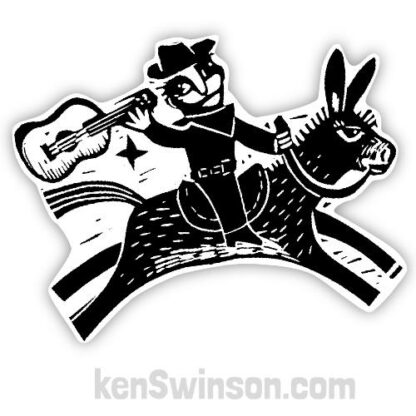 black and white vinyl sticker of man with hat and guitar riding donkey