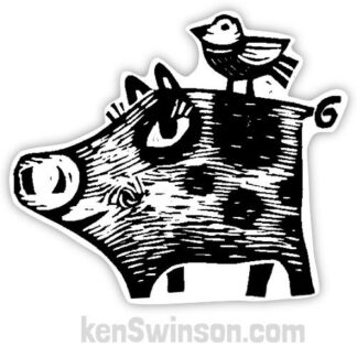 black and white sticker of a pig with bird riding its back